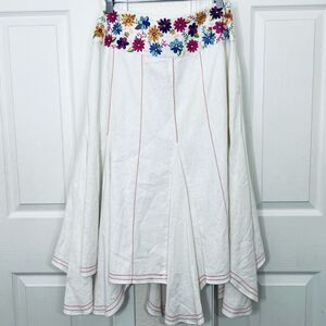 Saint Tropez West Linen Floral Embroidered Waist Flowy White Skirt Size 8